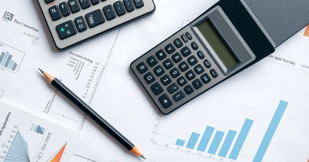 Calculadora científica e lápis sobre papel quadriculado em mesa, vistos de cima