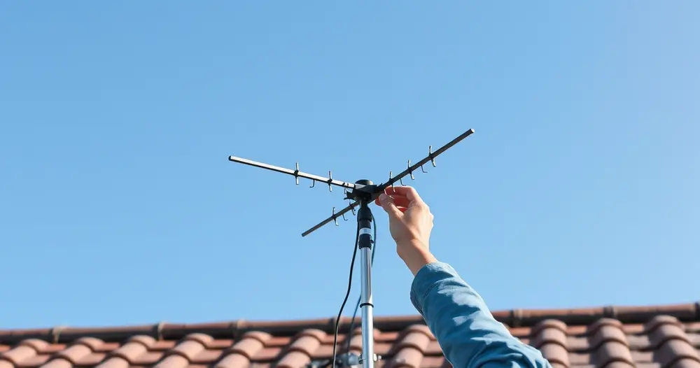 pessoa instalando antena digital no telhado sob céu azul
