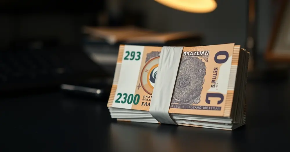 Maço de cédulas de real com cinta de papel sobre mesa escura, com pouca profundidade de campo