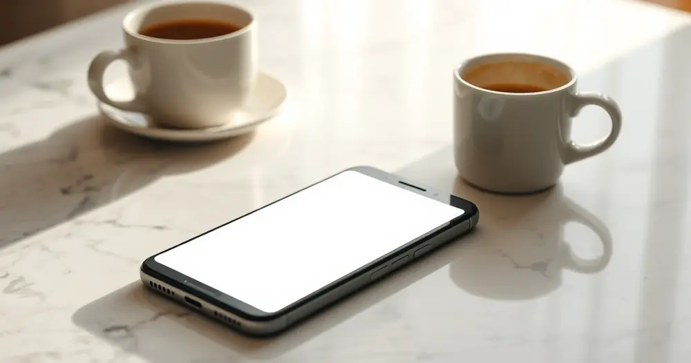 Celular deitado com a tela acesa em branco sobre bancada de mármore ao lado de xícara de café