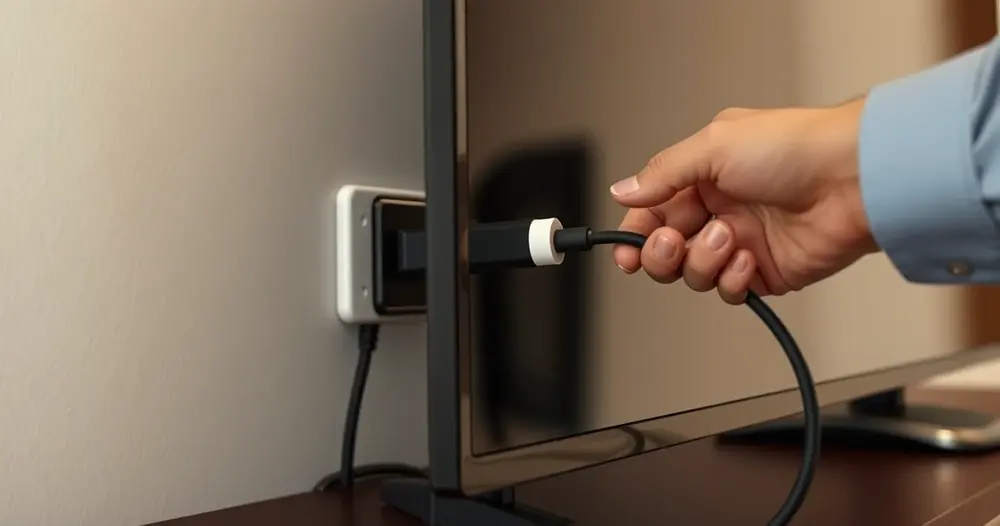 mão conectando cabo de energia na tomada atrás do móvel da televisão